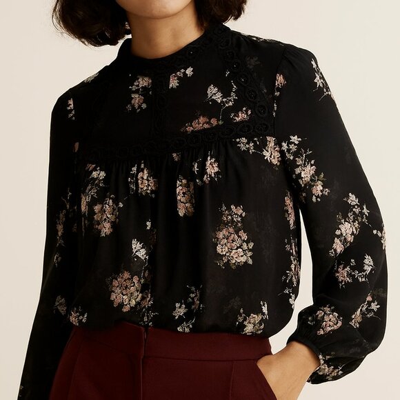 Lucky Brand Semi-Shear Blouse Black w/Pink Floral Size Medium EUC - Picture 1 of 10